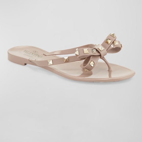 Valentino Garavani Nude Flip Flop Sandals with Rock Studs Elegant Bow - box and - Picture 2 of 9